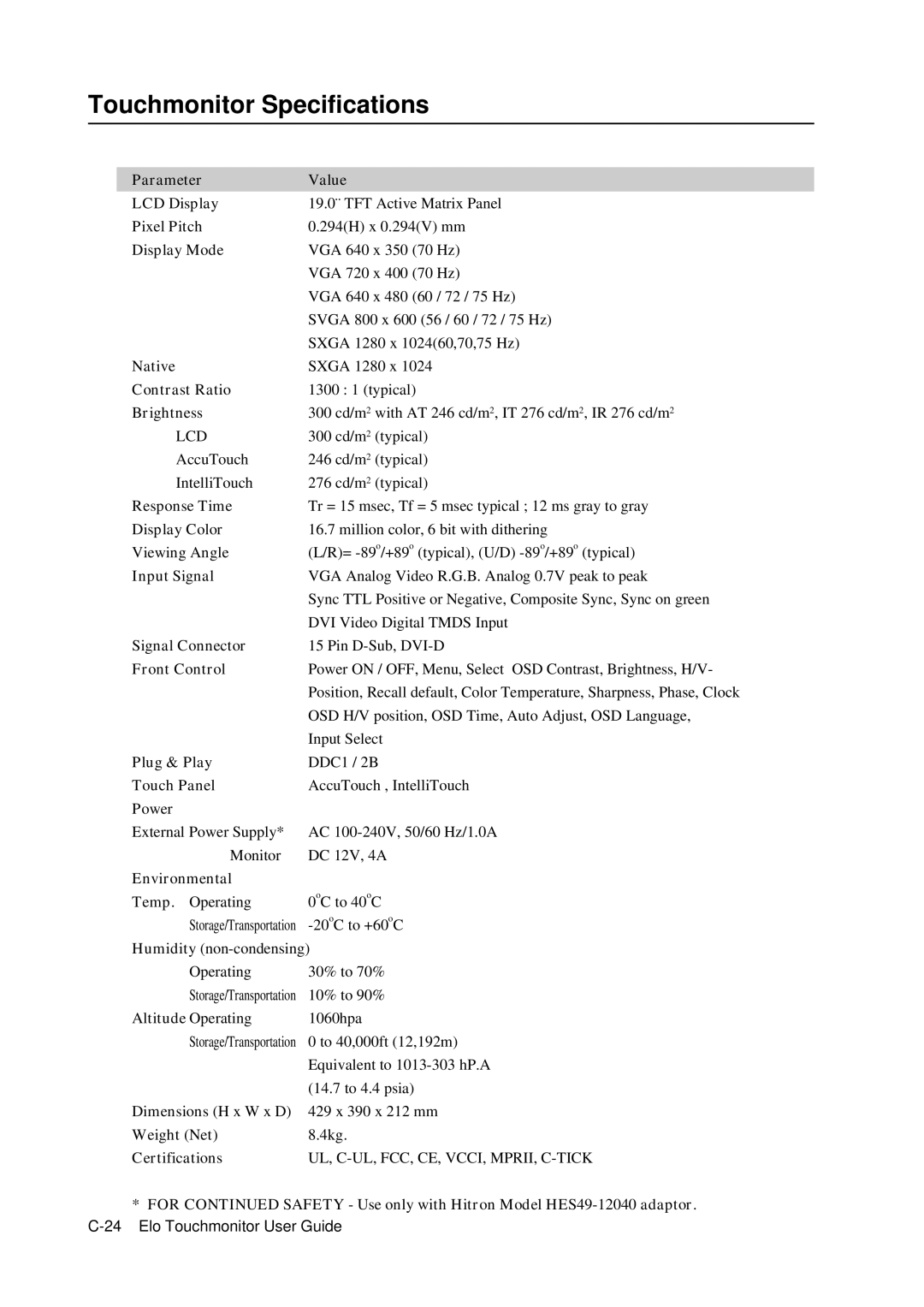 Elo TouchSystems 5000 manual Touchmonitor Specifications 