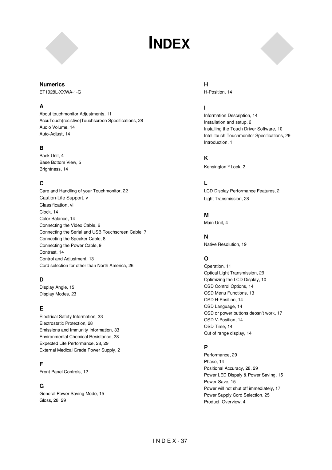 Elo TouchSystems 5000 manual Index 