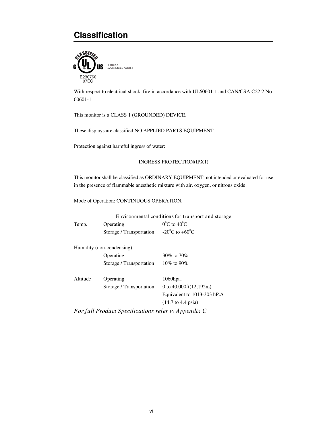 Elo TouchSystems 5000 manual Classification, Environmental conditions for transport and storage 