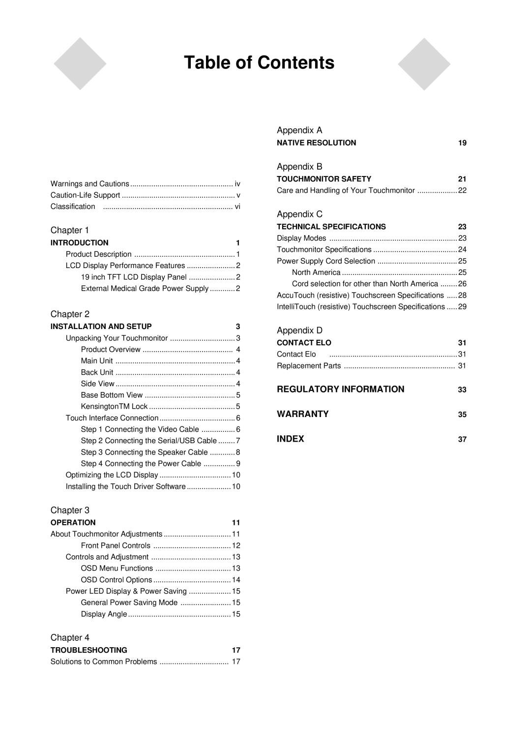 Elo TouchSystems 5000 manual Table of Contents 