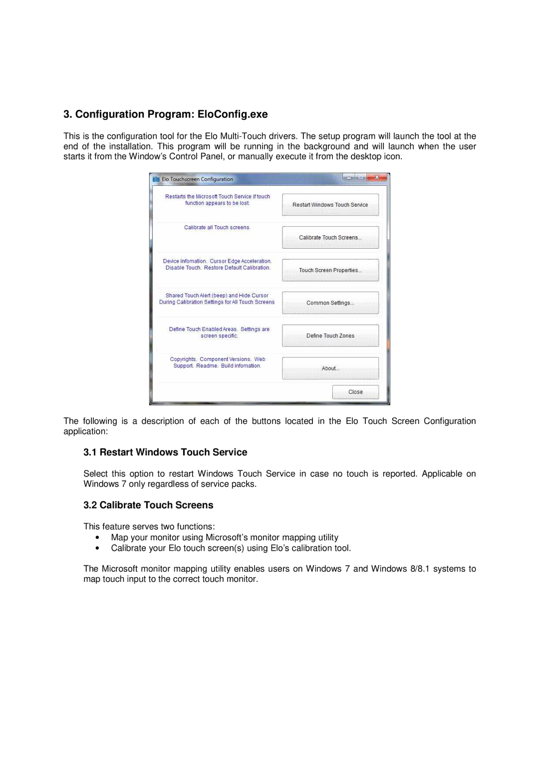Elo TouchSystems 6.3.0 Configuration Program EloConfig.exe, Restart Windows Touch Service, Calibrate Touch Screens 