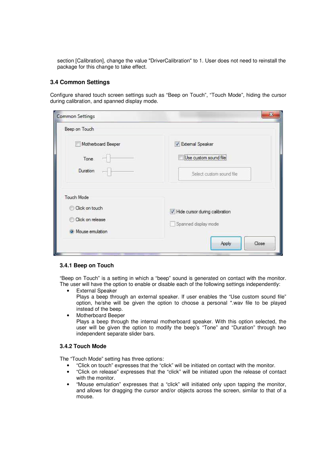 Elo TouchSystems 6.3.0 user manual Common Settings, Beep on Touch, Touch Mode 