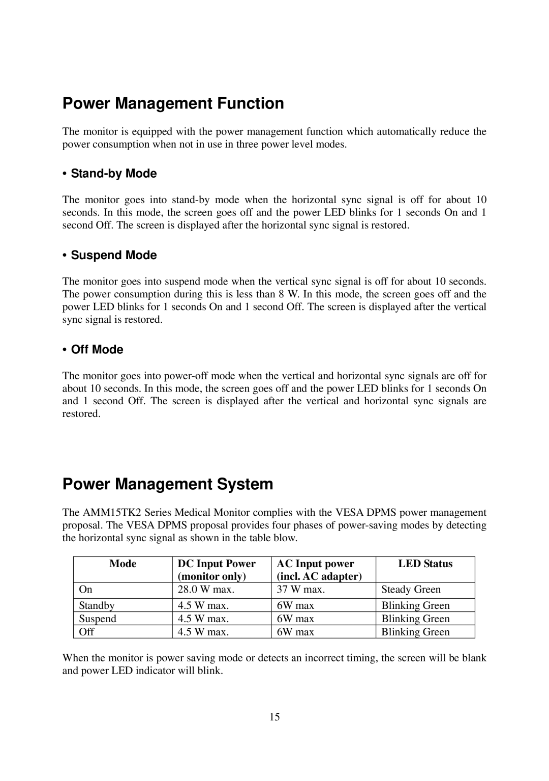 Elo TouchSystems AMM15TK2-TEW operation manual Power Management Function, Power Management System 