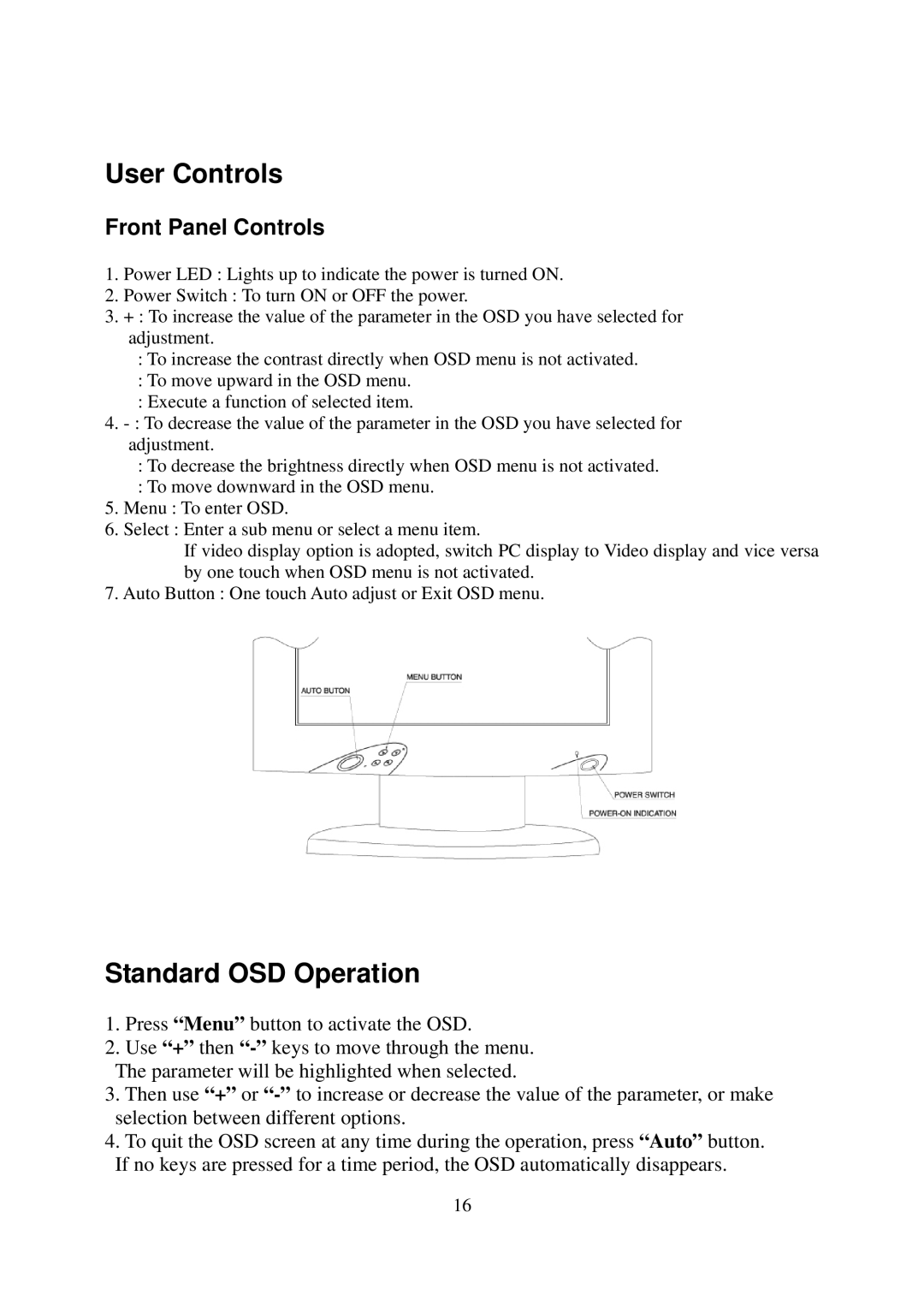 Elo TouchSystems AMM15TK2-TEW operation manual User Controls, Standard OSD Operation 