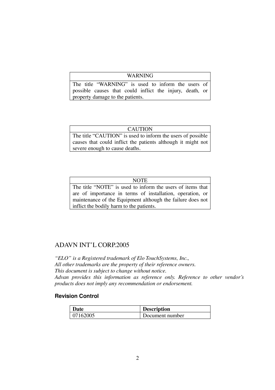 Elo TouchSystems AMM15TK2-TEW operation manual Adavn INT’L CORP.2005, Date Description 07162005 Document number 