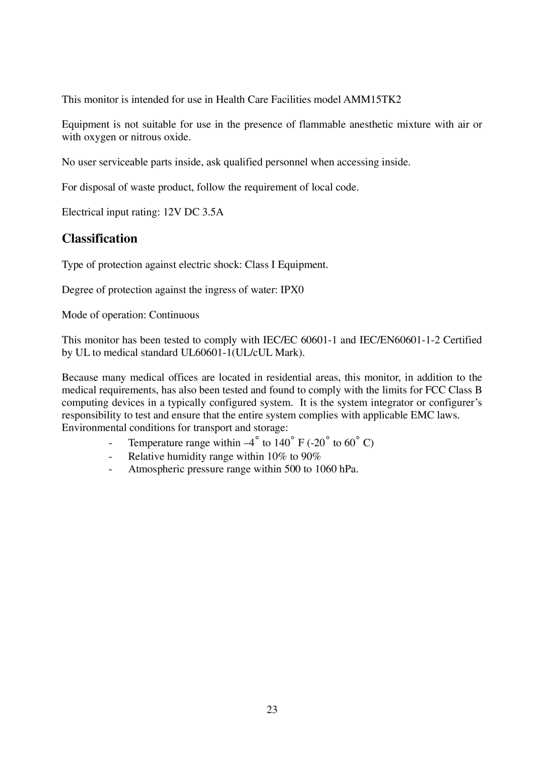 Elo TouchSystems AMM15TK2-TEW operation manual Classification 