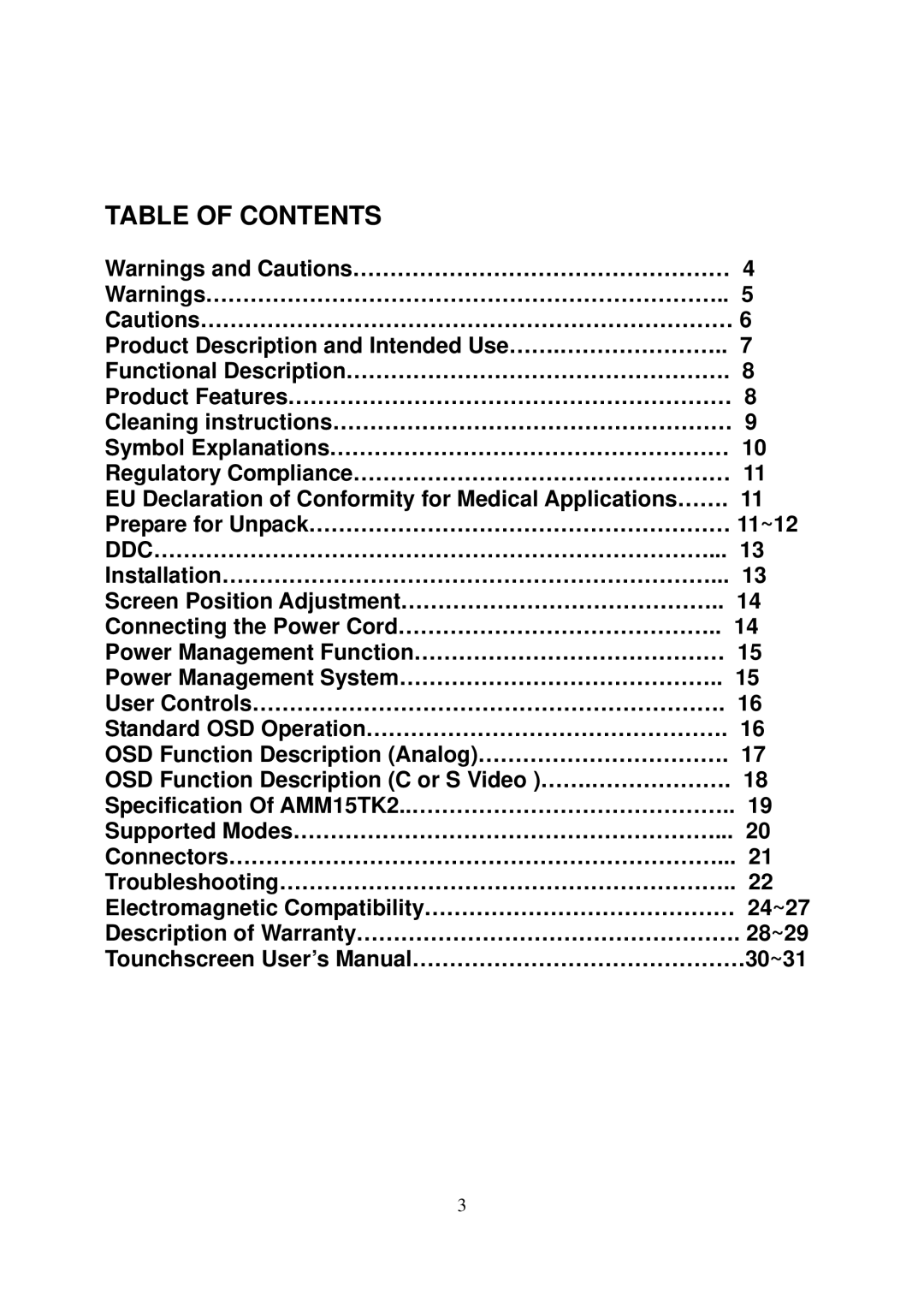 Elo TouchSystems AMM15TK2-TEW operation manual Table of Contents 