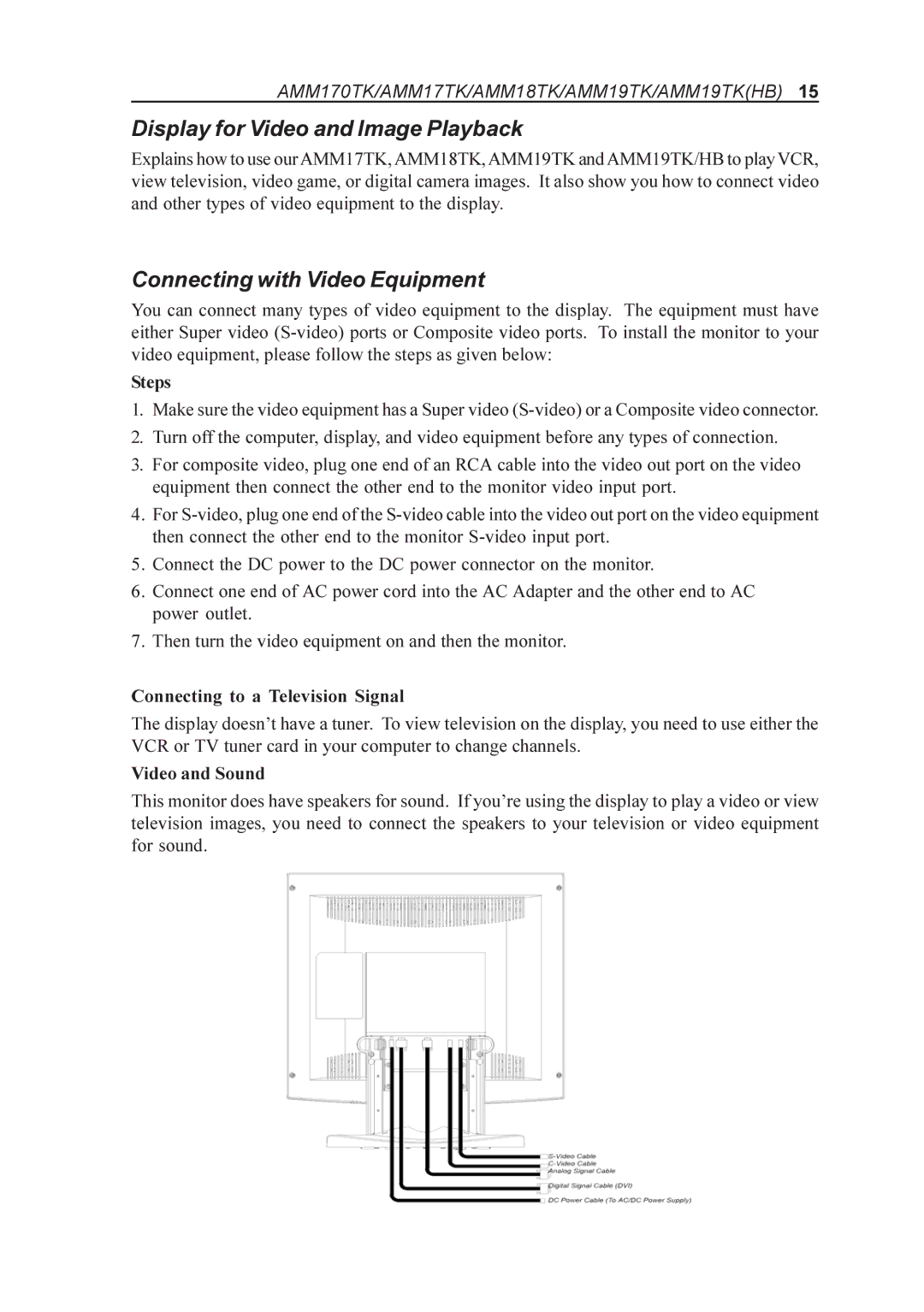 Elo TouchSystems AMM17TK, AMM170TK, AMM18TK, AMM19TK manual Connecting to a Television Signal, Video and Sound 