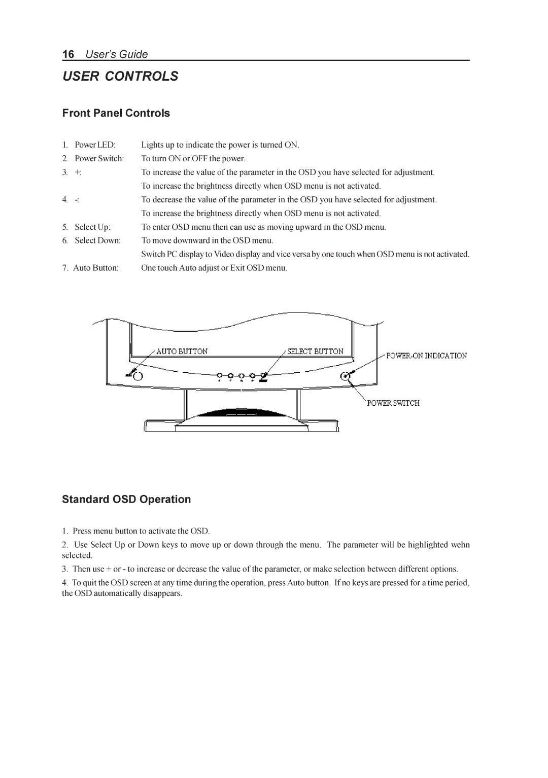 Elo TouchSystems AMM170TK, AMM18TK, AMM19TK, AMM17TK manual User Controls, Front Panel Controls, Standard OSD Operation 