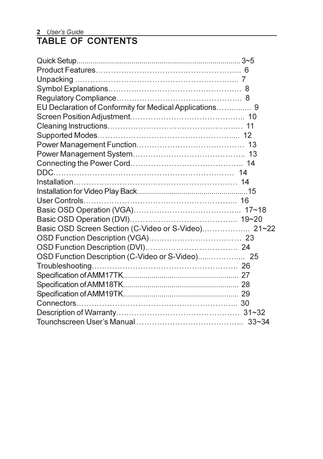 Elo TouchSystems AMM19TK, AMM170TK, AMM18TK, AMM17TK manual Table of Contents 