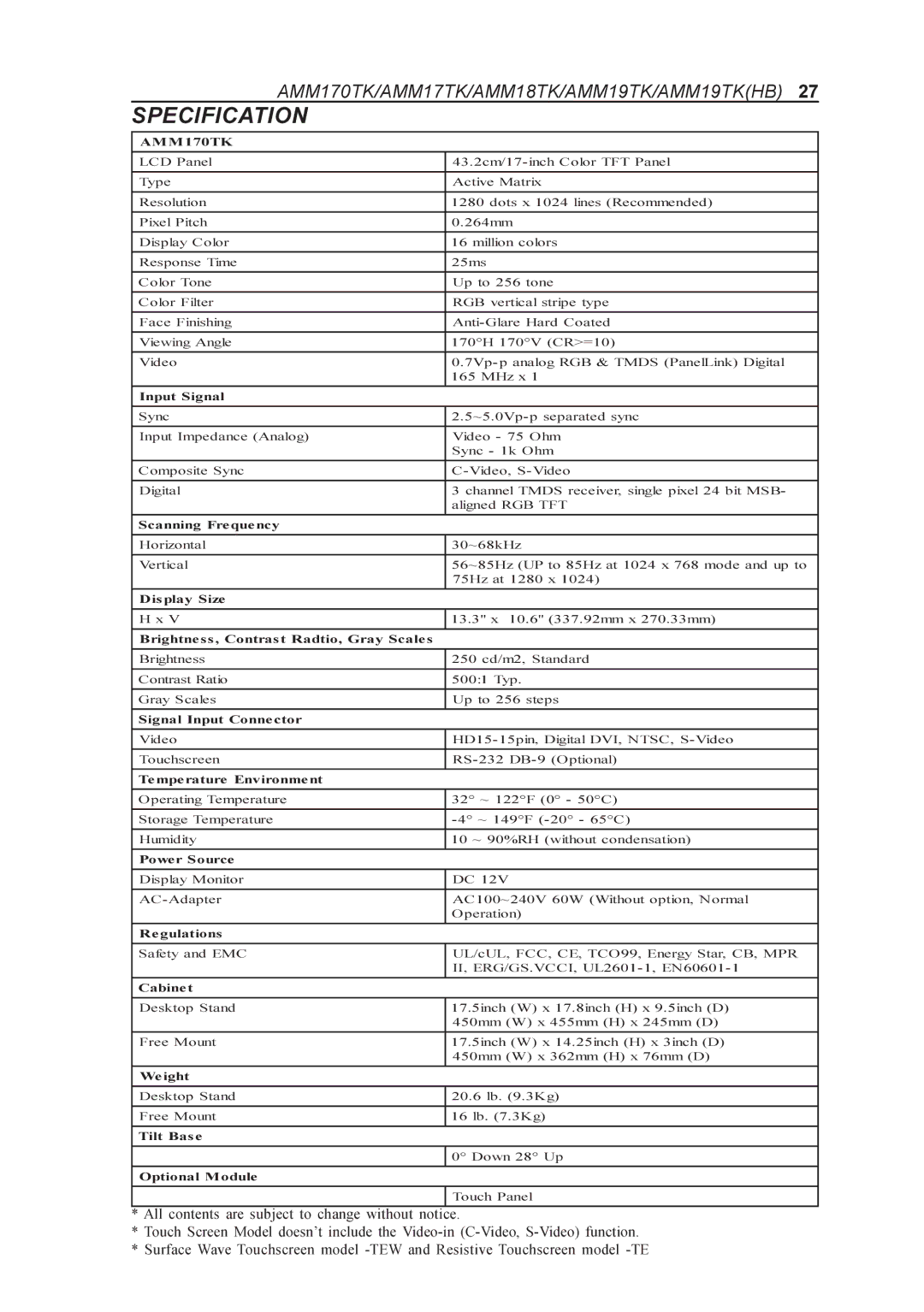 Elo TouchSystems AMM17TK, AMM18TK, AMM19TK manual Specification, AMM170TK 