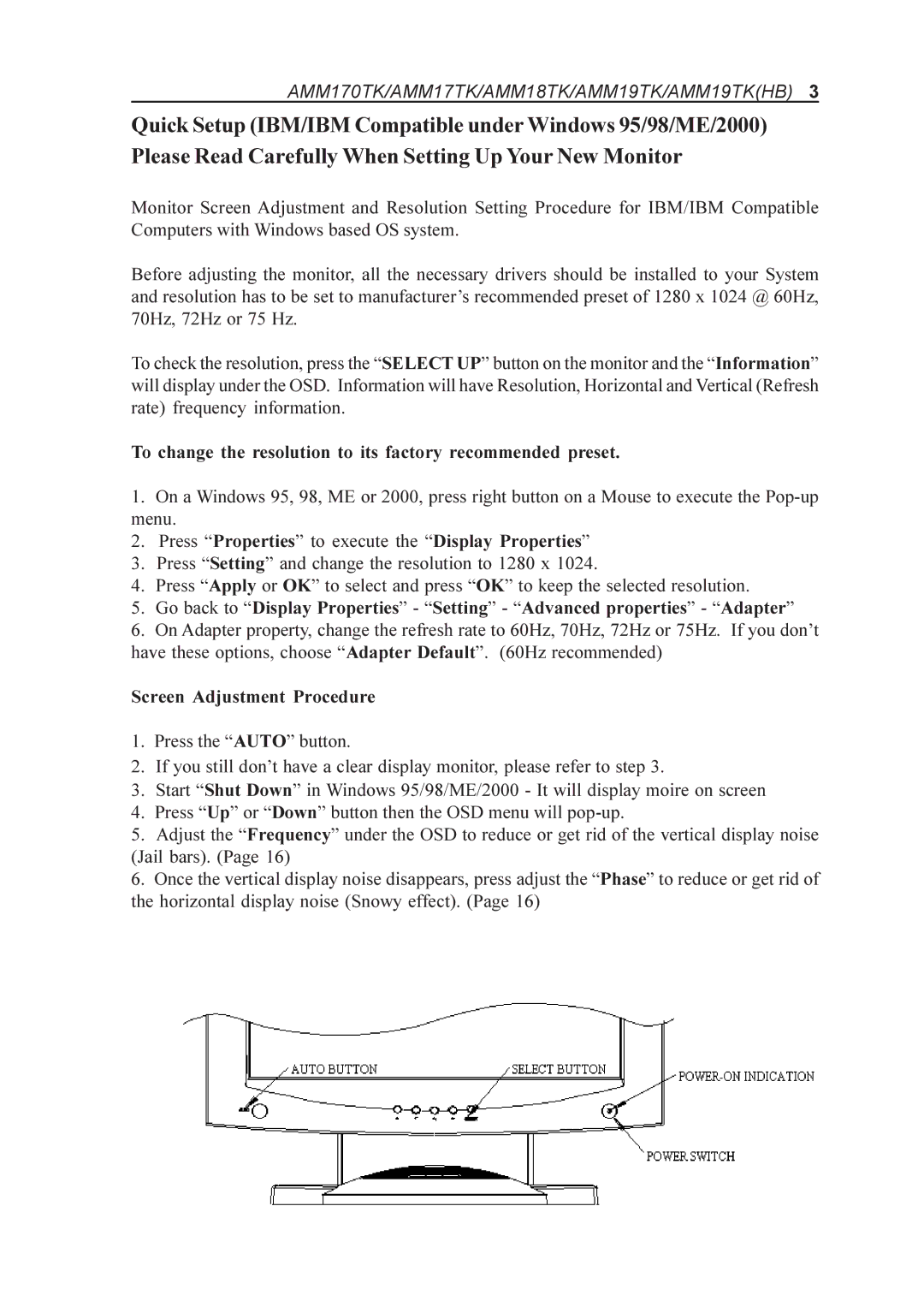 Elo TouchSystems AMM17TK, AMM170TK To change the resolution to its factory recommended preset, Screen Adjustment Procedure 