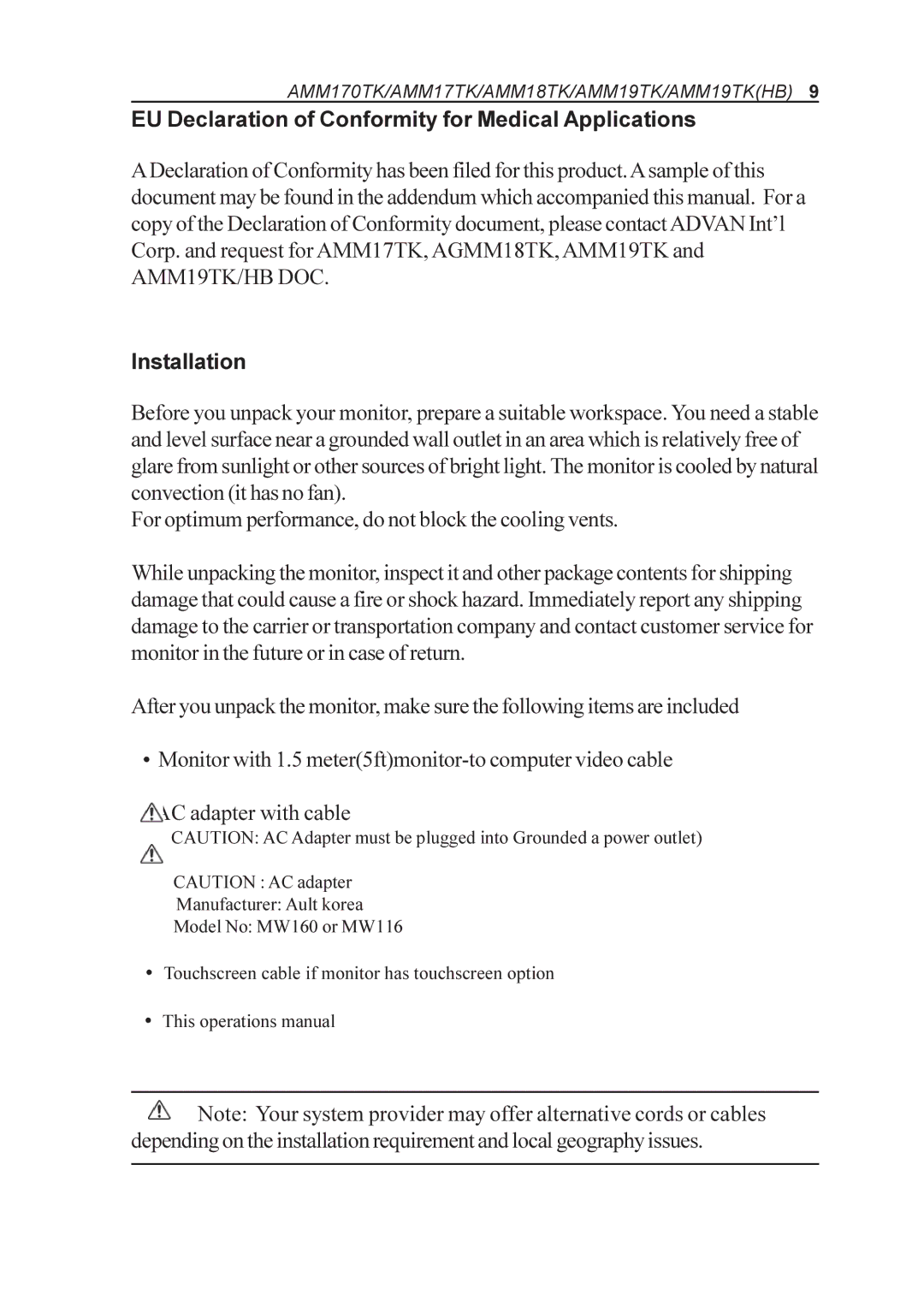 Elo TouchSystems AMM18TK, AMM170TK, AMM19TK, AMM17TK manual EU Declaration of Conformity for Medical Applications 