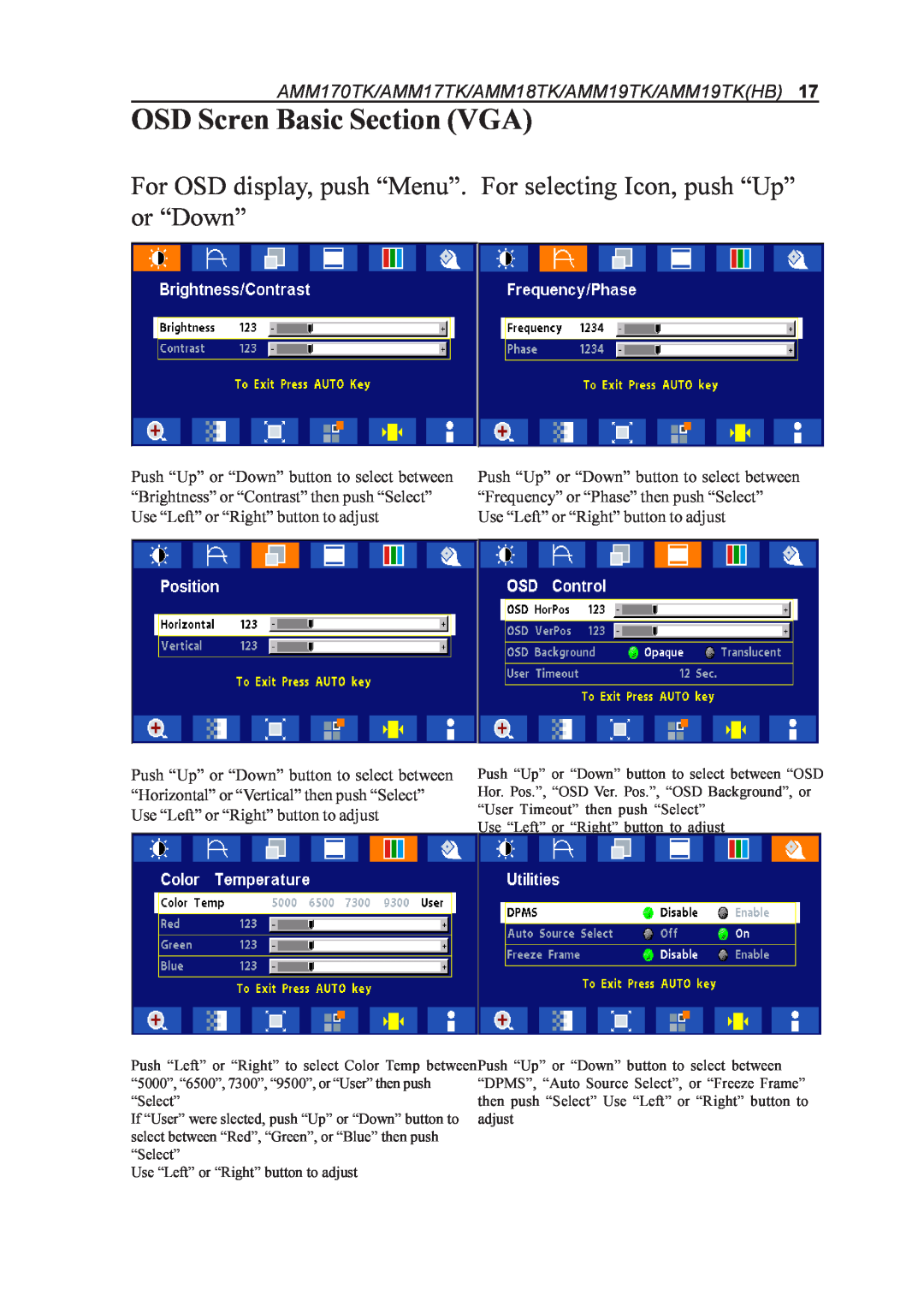 Elo TouchSystems manual OSD Scren Basic Section VGA, AMM170TK/AMM17TK/AMM18TK/AMM19TK/AMM19TKHB 