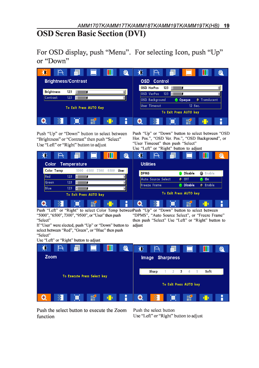 Elo TouchSystems manual OSD Scren Basic Section DVI, AMM170TK/AMM17TK/AMM18TK/AMM19TK/AMM19TKHB 