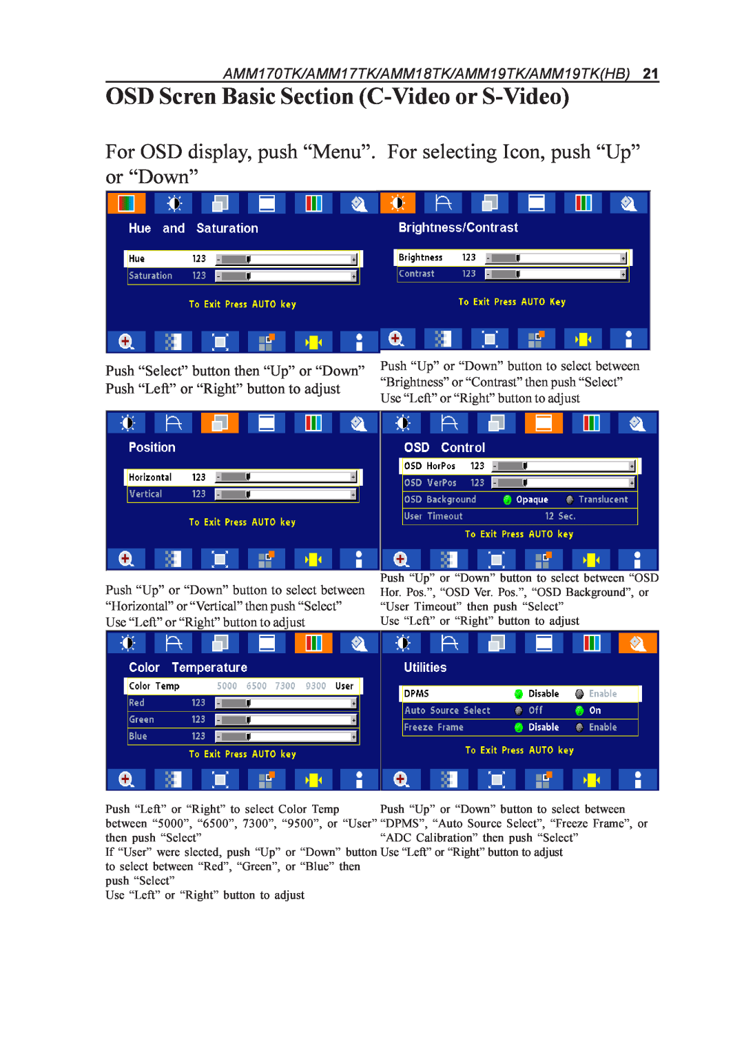 Elo TouchSystems manual OSD Scren Basic Section C-Video or S-Video, AMM170TK/AMM17TK/AMM18TK/AMM19TK/AMM19TKHB 