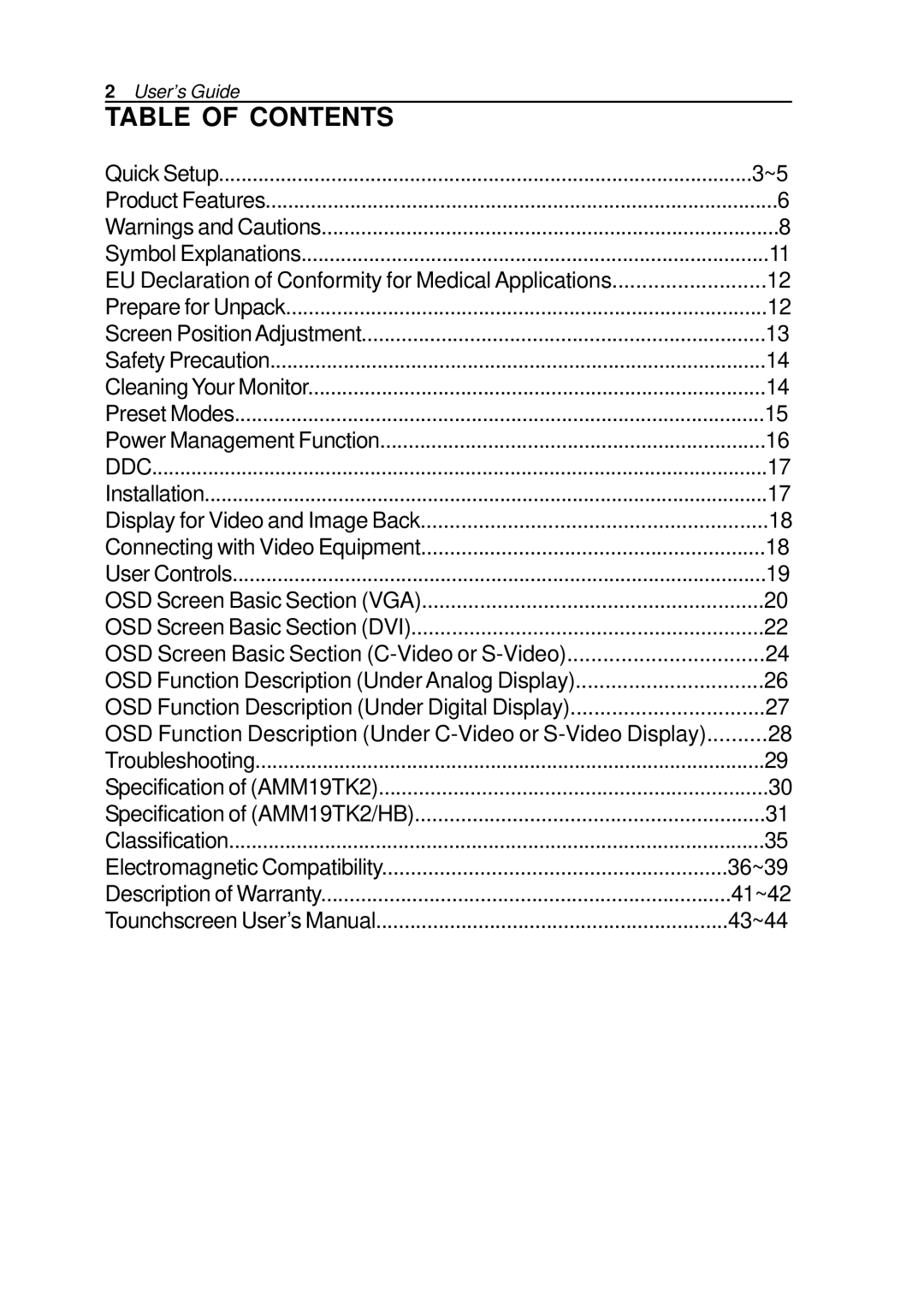 Elo TouchSystems AMM170TK2, AMM18TK2, AMM17TK2, AMM19TK2 manual Table of Contents 