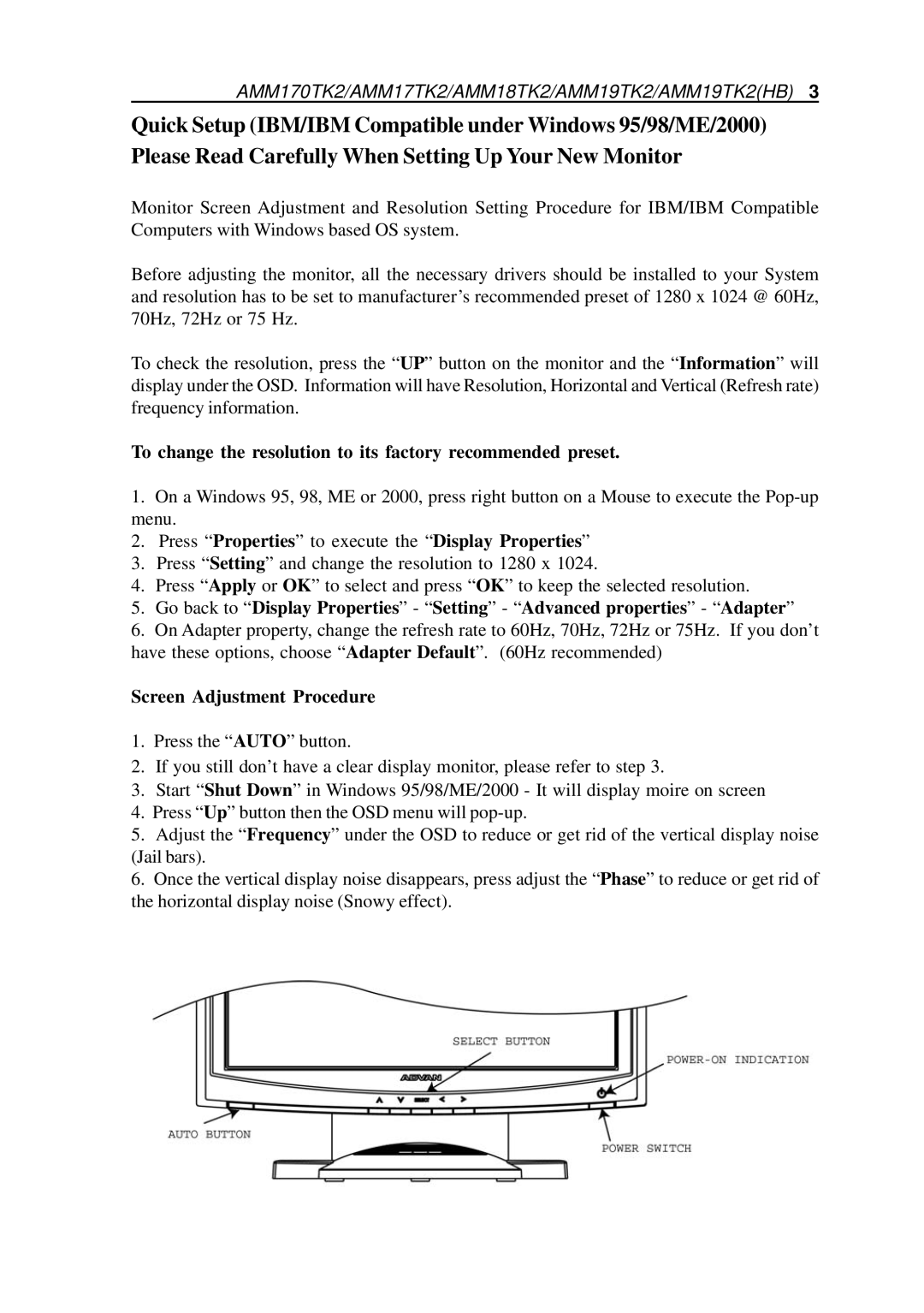 Elo TouchSystems AMM19TK2 manual To change the resolution to its factory recommended preset, Screen Adjustment Procedure 