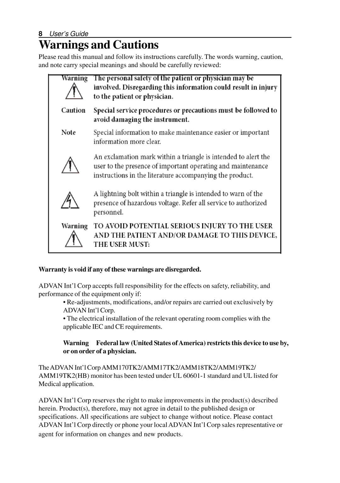 Elo TouchSystems AMM18TK2, AMM17TK2, AMM170TK2, AMM19TK2 manual Warranty is void if any of these warnings are disregarded 