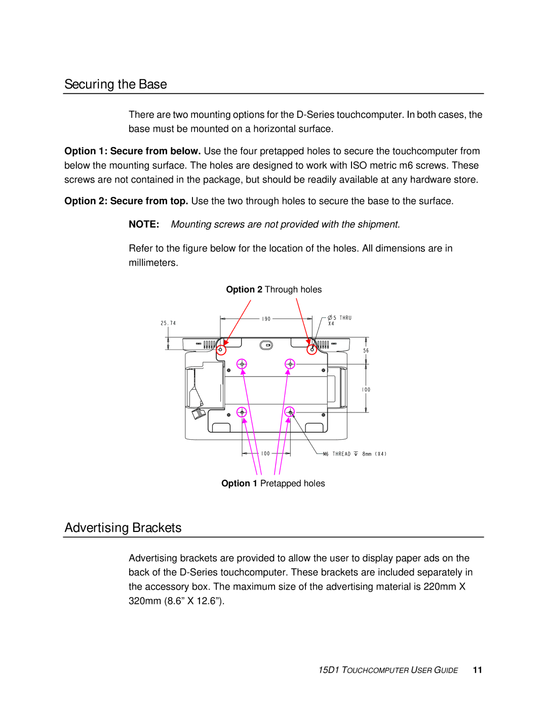 Elo TouchSystems D-Series Rev.C] manual Securing the Base, Advertising Brackets 