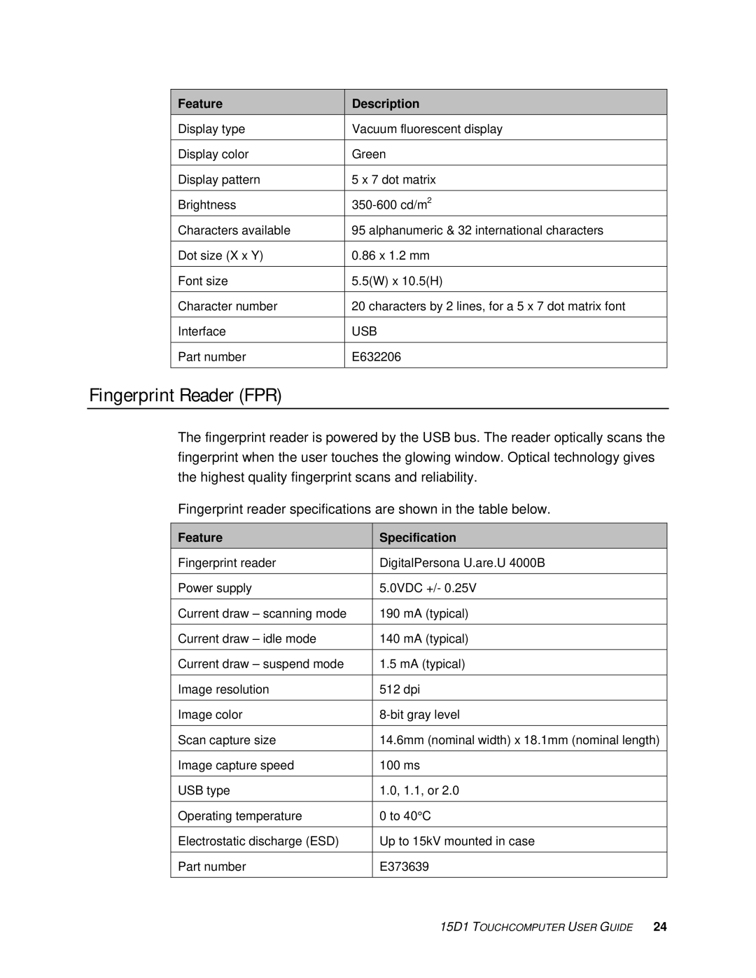 Elo TouchSystems D-Series Rev.C] manual Fingerprint Reader FPR, Feature Specification 