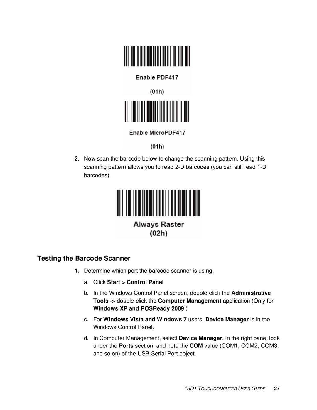 Elo TouchSystems D-Series Rev.C] manual Testing the Barcode Scanner, Click Start Control Panel 