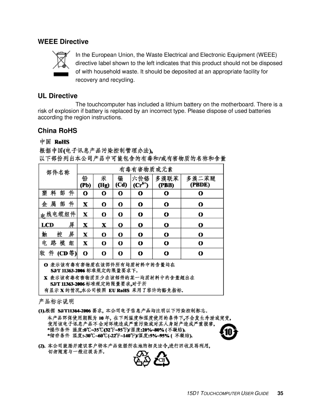 Elo TouchSystems D-Series Rev.C] manual Weee Directive, UL Directive, China RoHS 