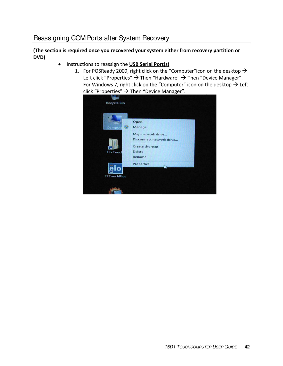 Elo TouchSystems D-Series Rev.C] manual Reassigning COM Ports after System Recovery 