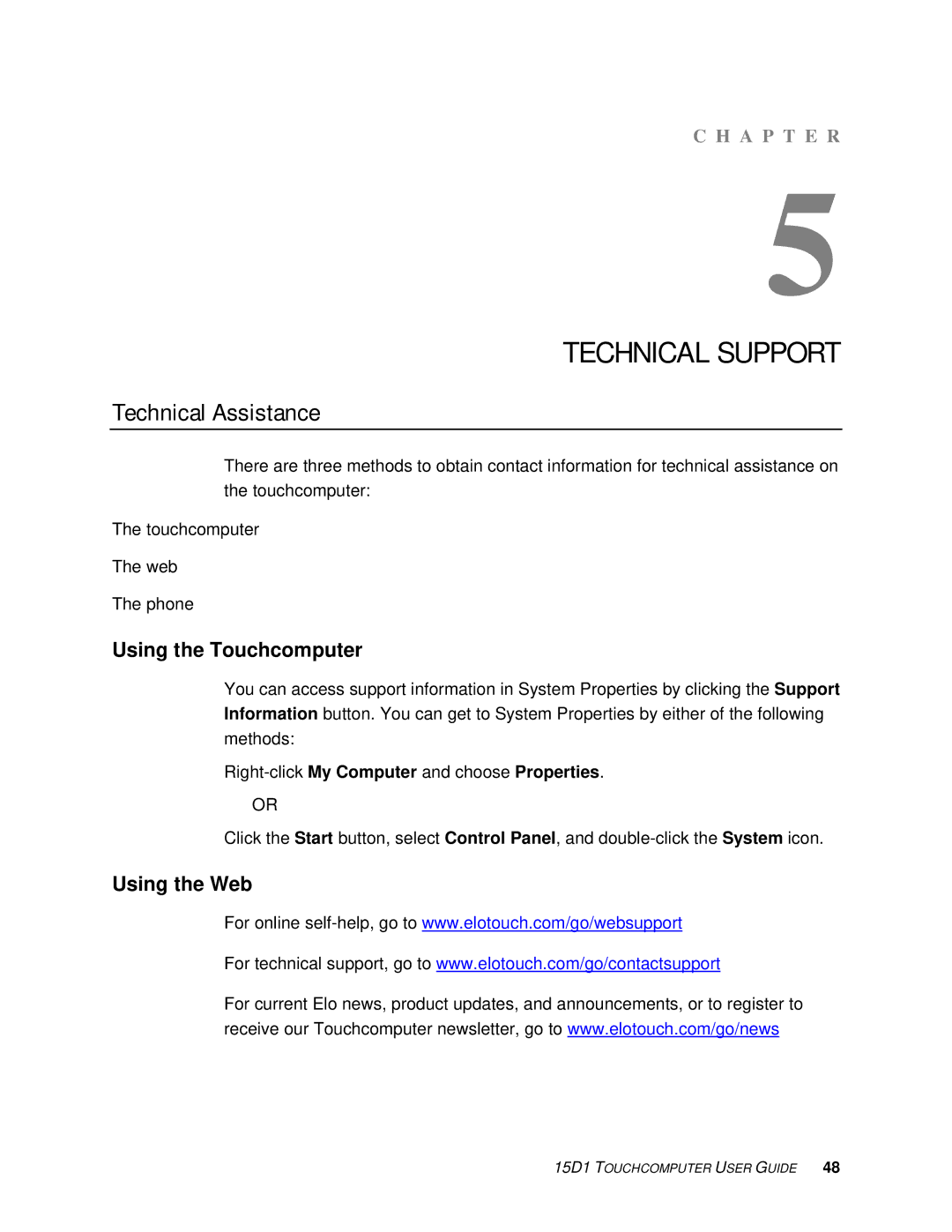 Elo TouchSystems D-Series Rev.C] manual Technical Assistance, Using the Touchcomputer, Using the Web 