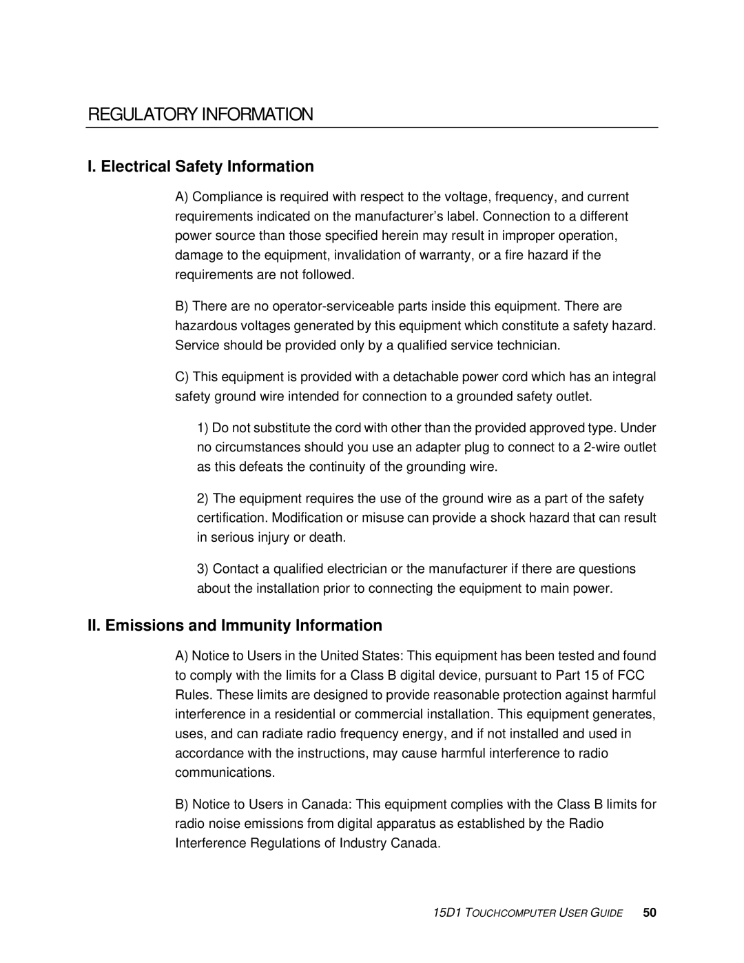 Elo TouchSystems D-Series Rev.C] manual Electrical Safety Information, II. Emissions and Immunity Information 