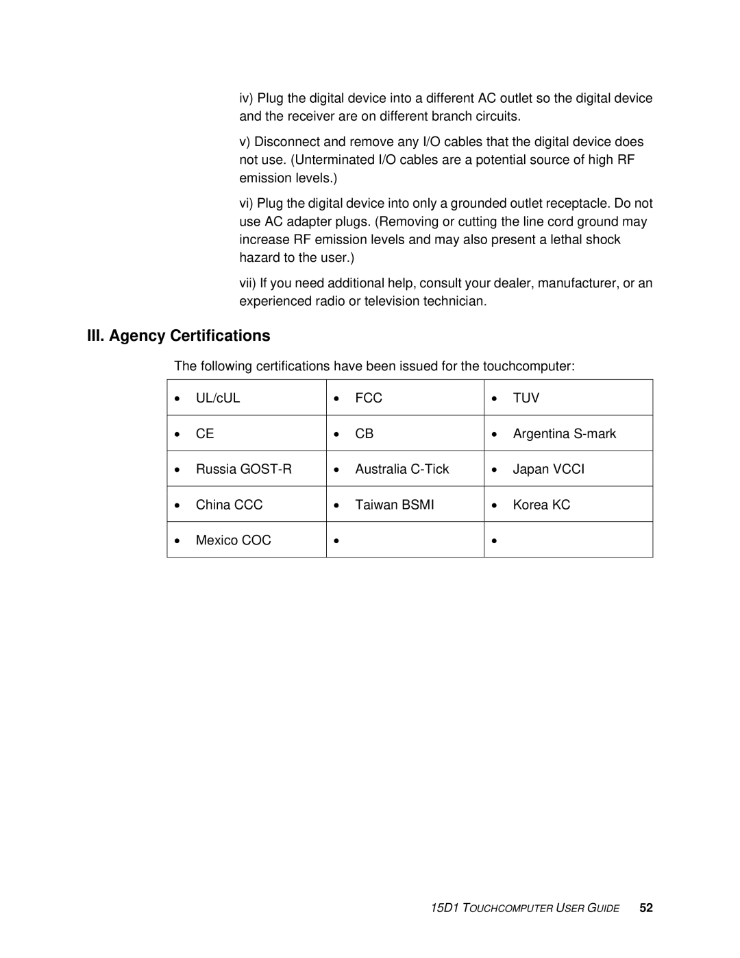 Elo TouchSystems D-Series Rev.C] manual III. Agency Certifications, Fcc Tuv 