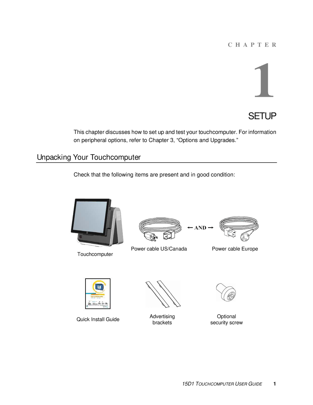 Elo TouchSystems D-Series Rev.C] manual Setup, Unpacking Your Touchcomputer 