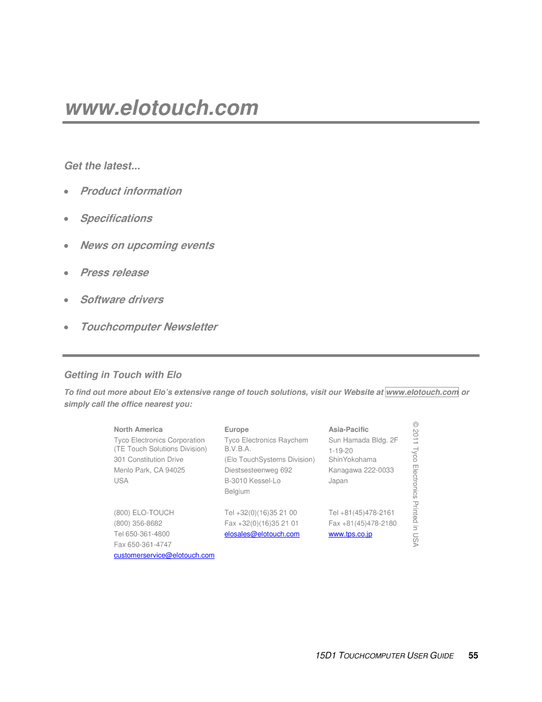 Elo TouchSystems D-Series Rev.C] manual Getting in Touch with Elo 