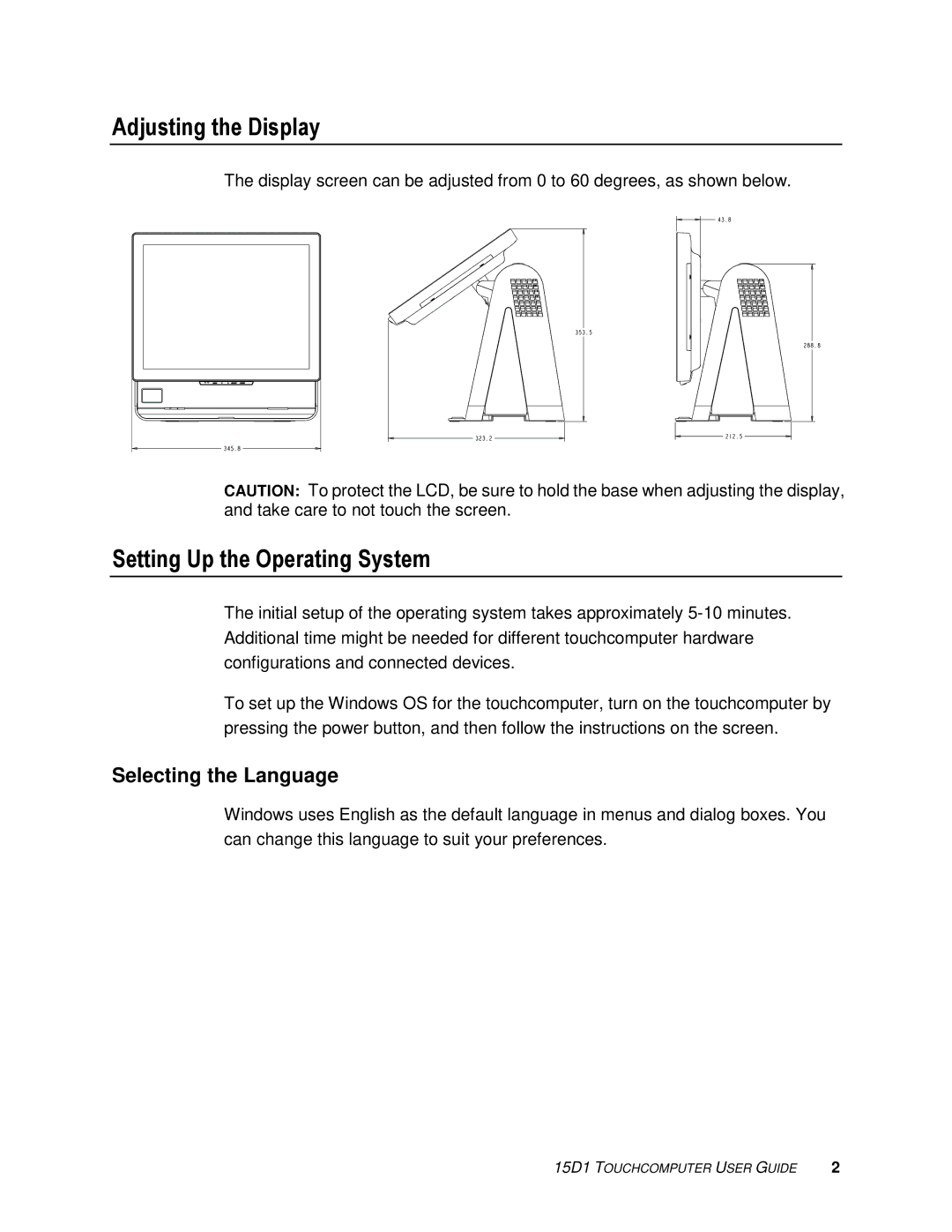 Elo TouchSystems D-Series manual Adjusting the Display, Setting Up the Operating System, Selecting the Language 