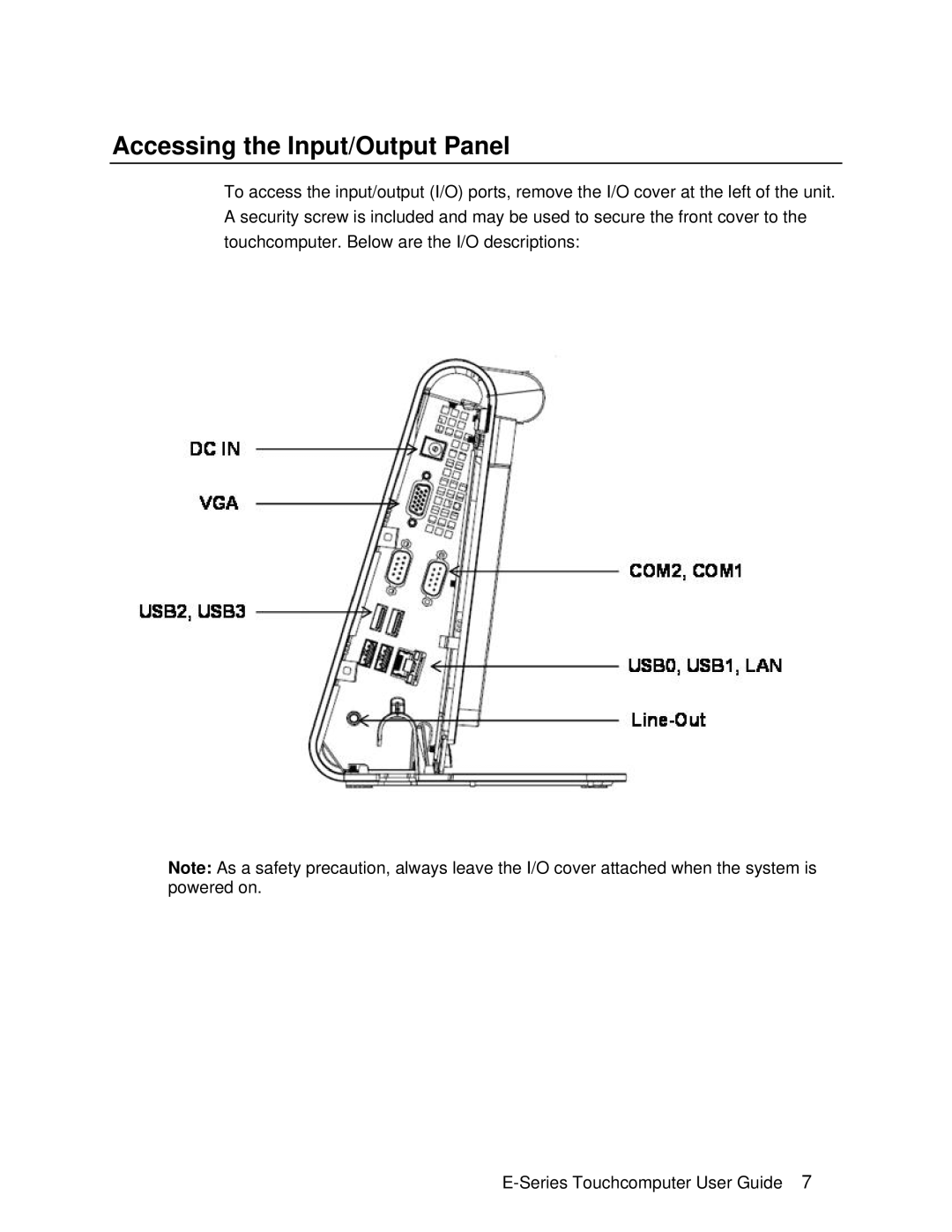 Elo TouchSystems E-Series manual Accessing the Input/Output Panel 