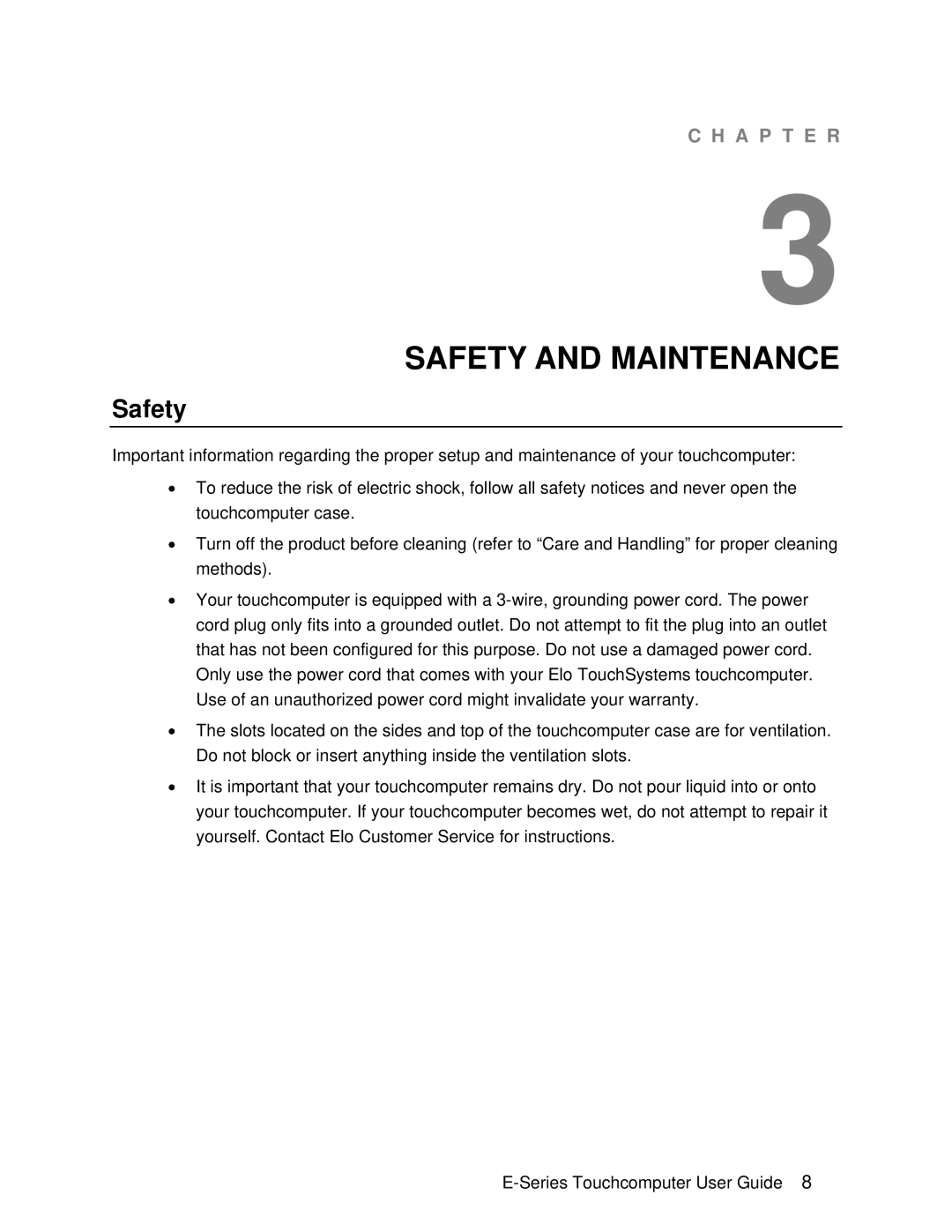 Elo TouchSystems E-Series manual Safety and Maintenance 