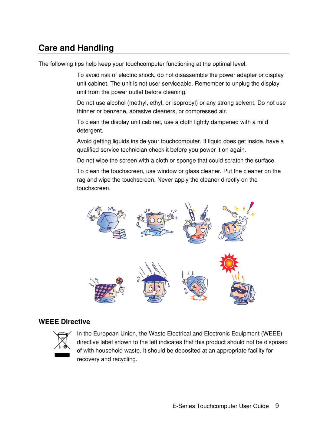 Elo TouchSystems E-Series manual Care and Handling, Weee Directive 