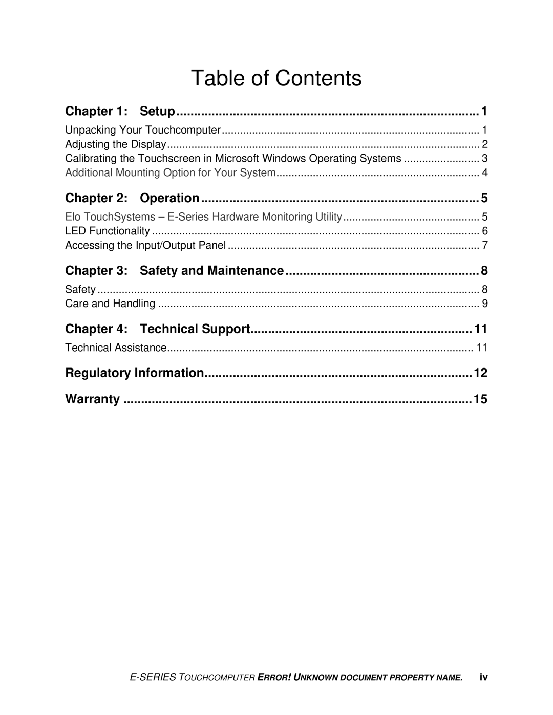 Elo TouchSystems E-Series manual Table of Contents 