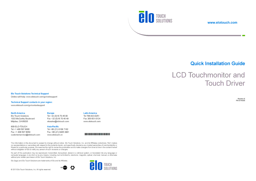 Elo TouchSystems E744255 manual LCD Touchmonitor and Touch Driver, North America Europe Latin America, Asia-Pacific 