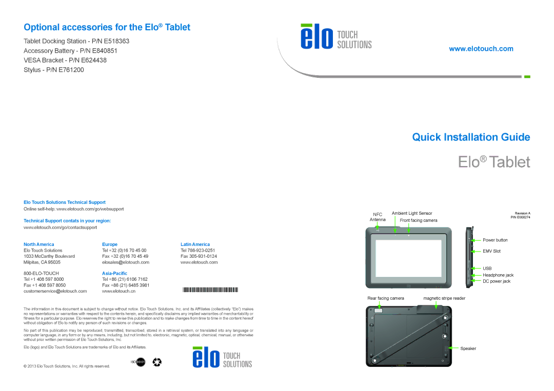 Elo TouchSystems E761200 manual Optional accessories for the Elo Tablet, Asia-Pacific, Usb 