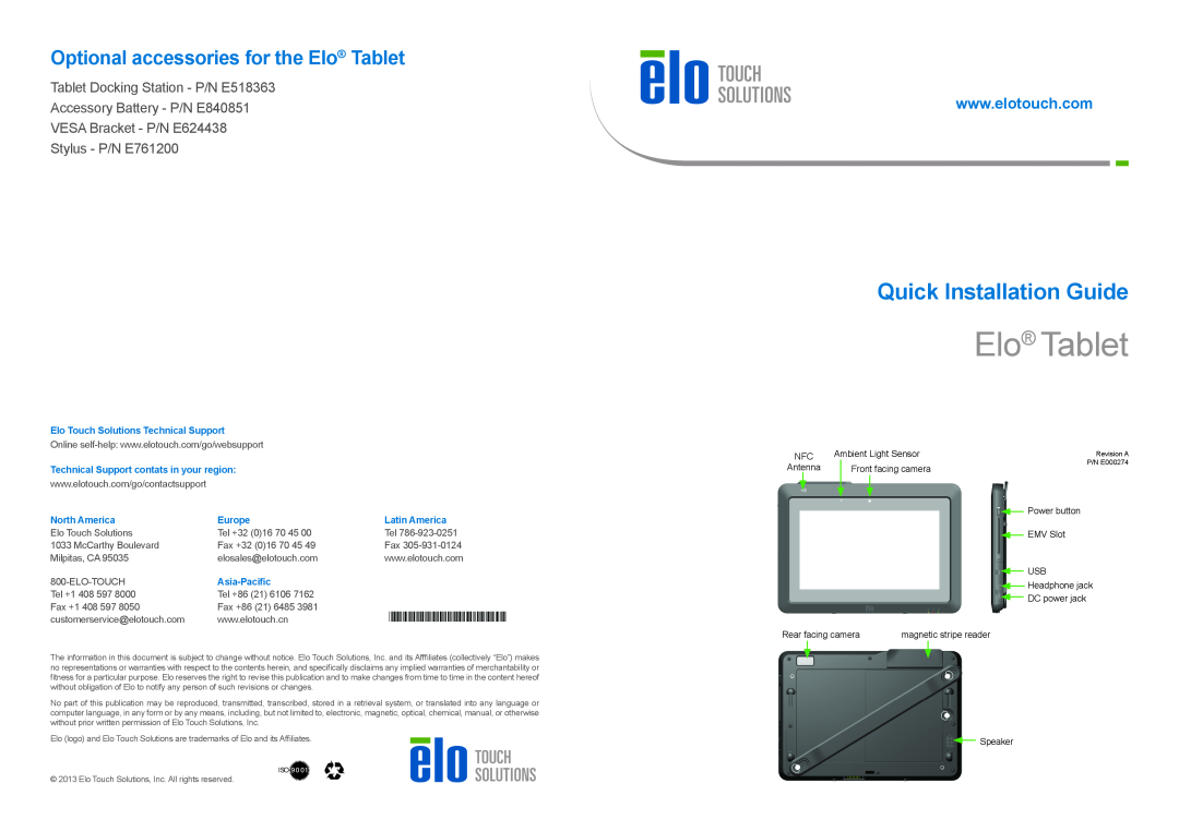 Elo TouchSystems E761200 manual Quick Installation Guide, Optional accessories for the Elo Tablet, North America 