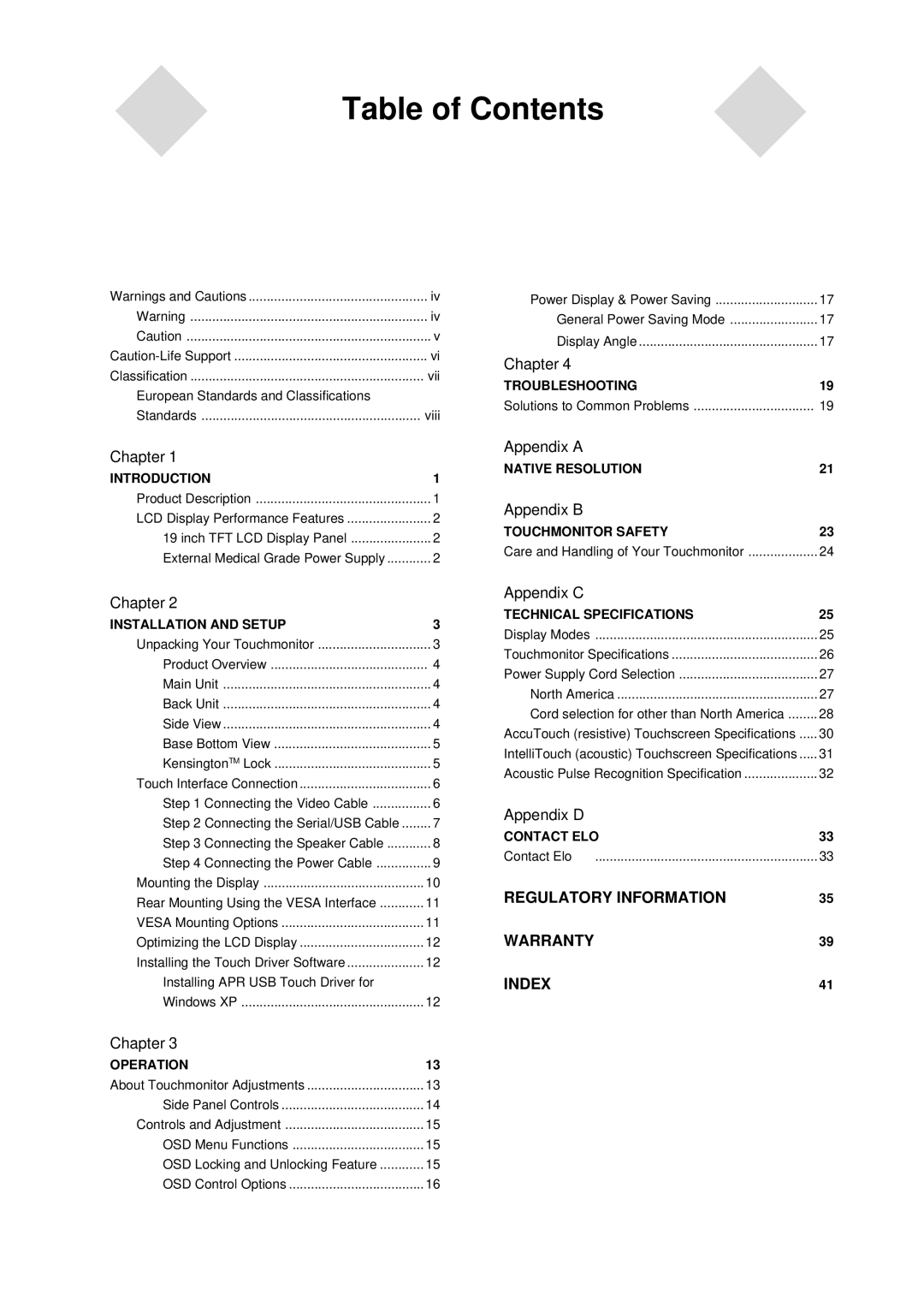 Elo TouchSystems 5000 Series, E791522 manual Table of Contents 