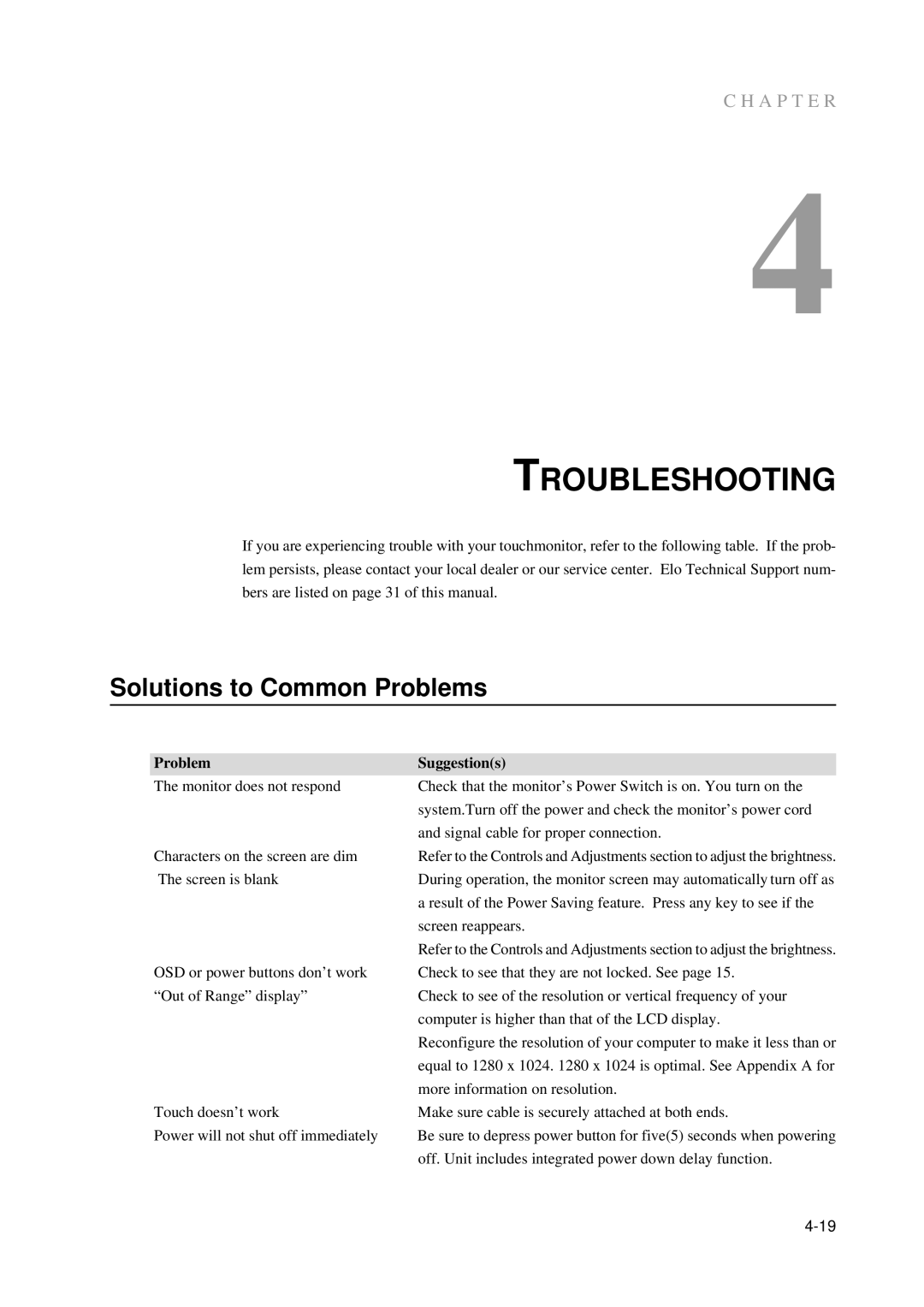 Elo TouchSystems 5000 Series, E791522 manual Troubleshooting, Solutions to Common Problems, Problem Suggestions 