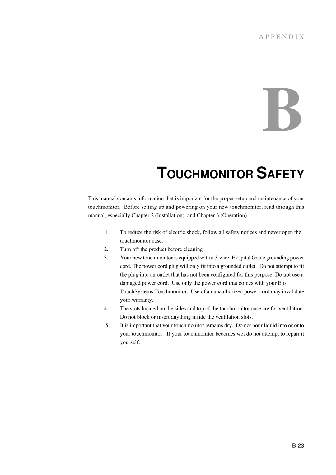 Elo TouchSystems 5000 Series, E791522 manual Touchmonitor Safety 