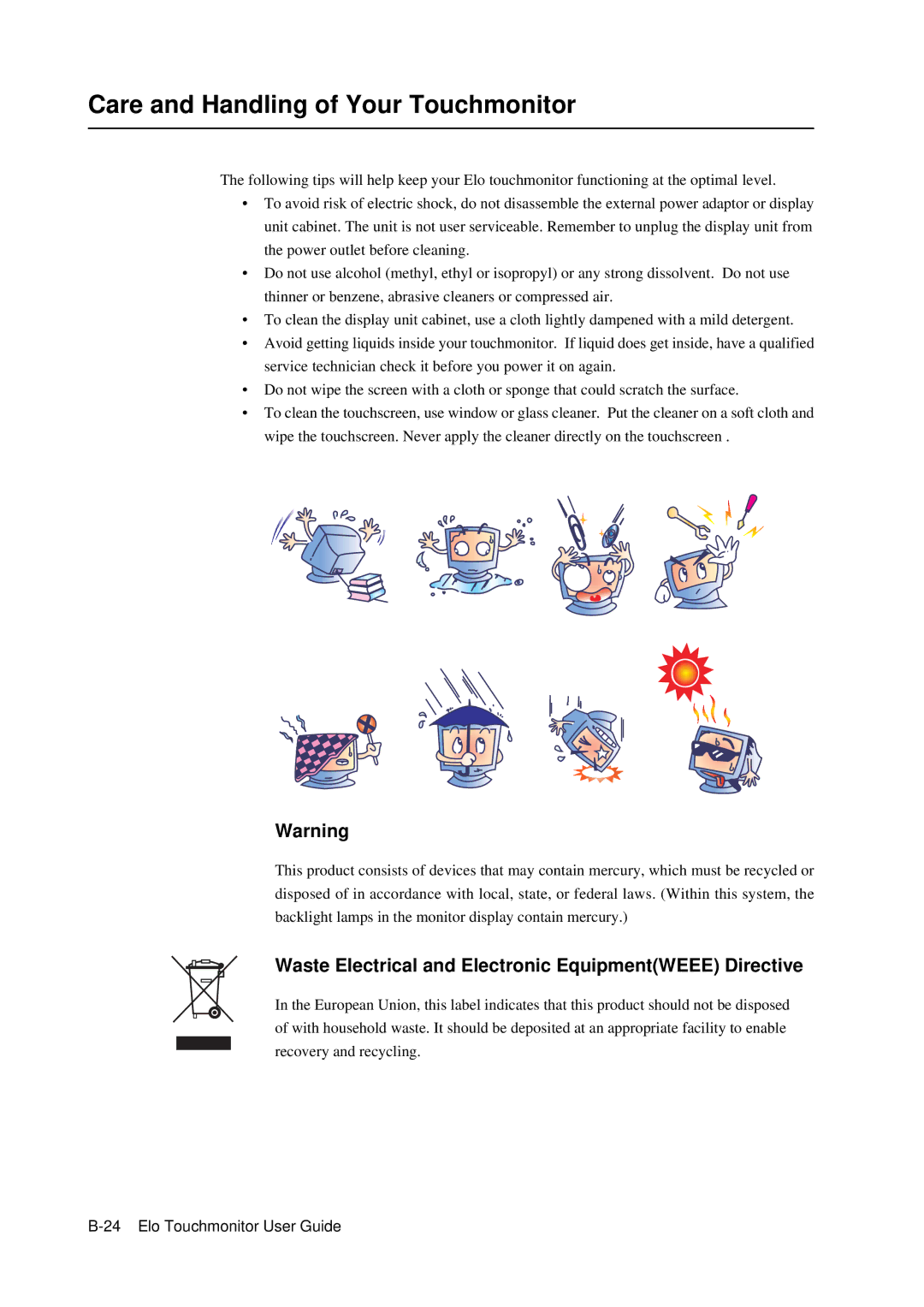 Elo TouchSystems E791522 Care and Handling of Your Touchmonitor, Waste Electrical and Electronic EquipmentWEEE Directive 