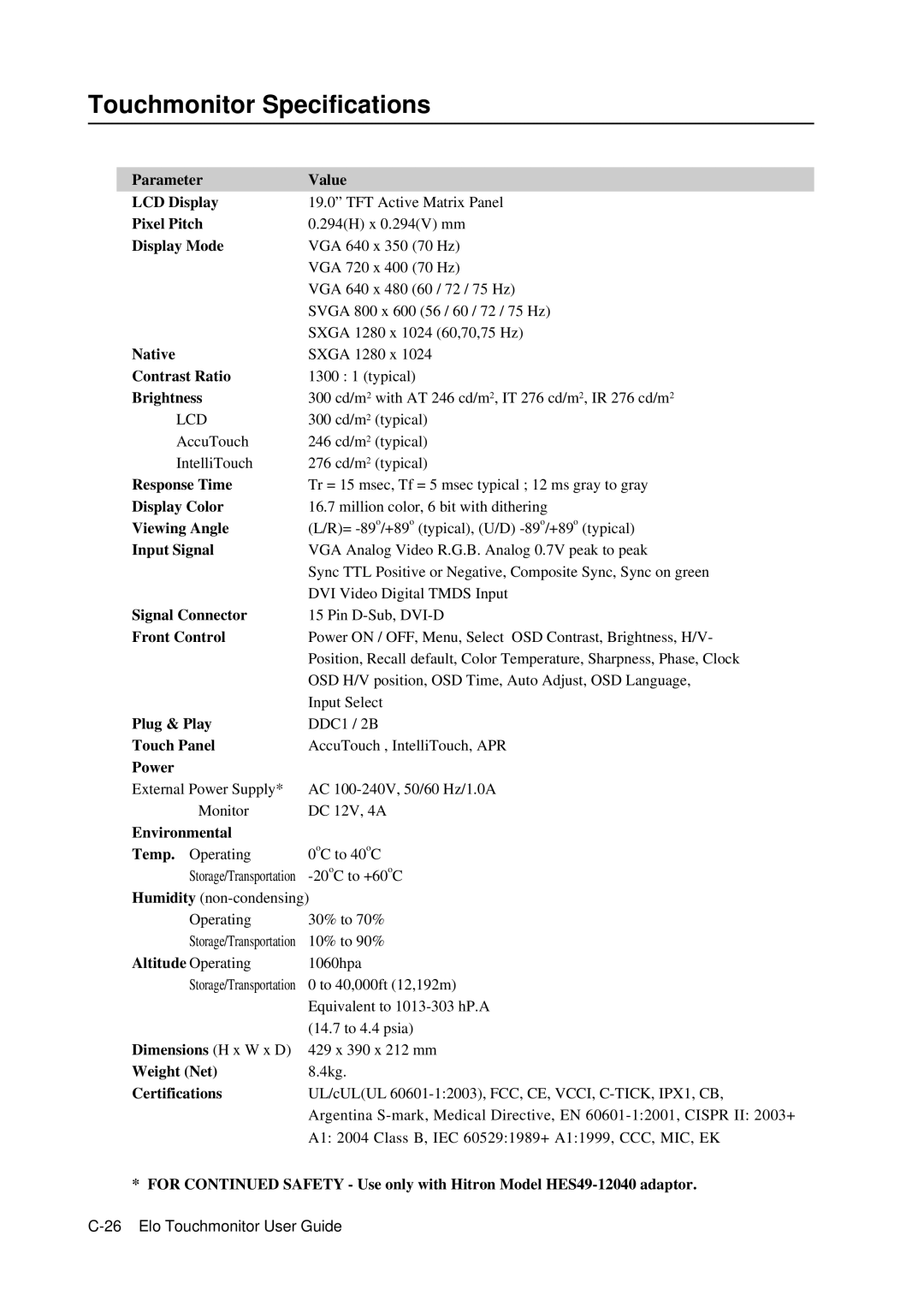 Elo TouchSystems E791522, 5000 Series manual Touchmonitor Specifications 