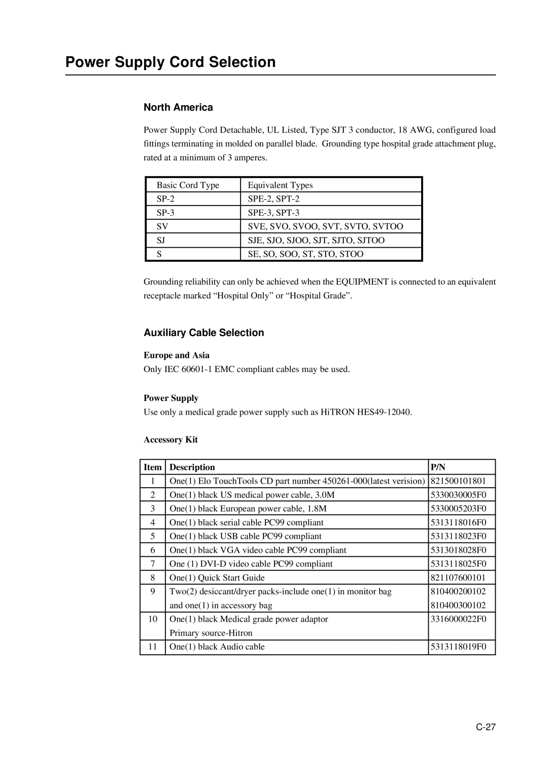 Elo TouchSystems 5000 Series, E791522 manual Power Supply Cord Selection, Europe and Asia, Accessory Kit Description 