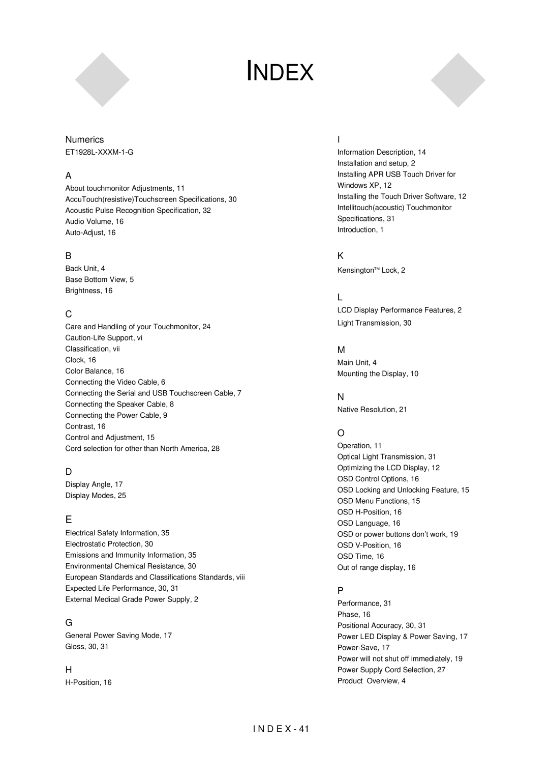 Elo TouchSystems 5000 Series, E791522 manual Index 