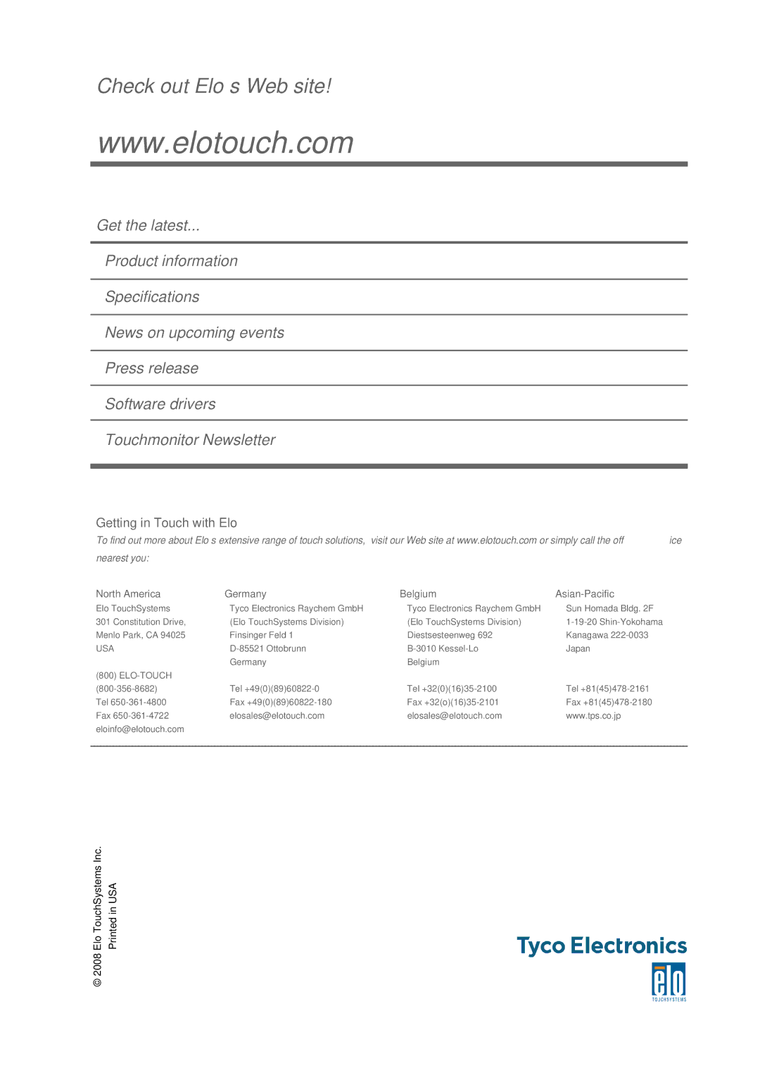 Elo TouchSystems 5000 Series, E791522 manual Check out Elo’s Web site 