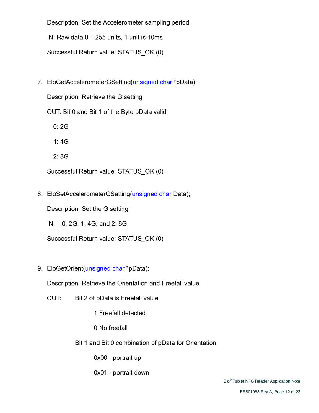 Elo TouchSystems ES601068 Rev A manual Bit 2 of pData is Freefall value 